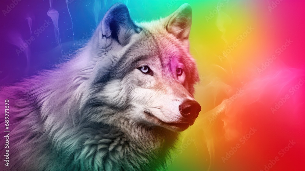 Poster a close up of a wolf's face in front of a multicolored background with the colors of the rainbow.