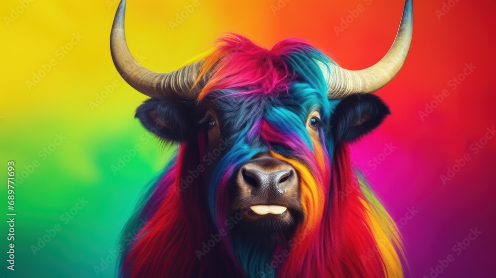Poster a close up of a bull with a multicolored pattern on it's face and it's horns.