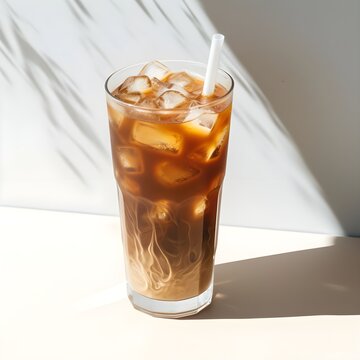 Iced coffee drink in a crystal glass on the white table in natural light, long shadows, minimalist photo
