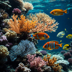Obraz na płótnie Canvas Coral reef and fish, vibrant underwater ecosystem, colorful marine life among coral reefs, diverse fish swimming in coral formations
