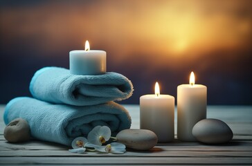 Obraz na płótnie Canvas Spa and wellness setting with stones, candles and towel. Blue dayspa nature set with copyspace