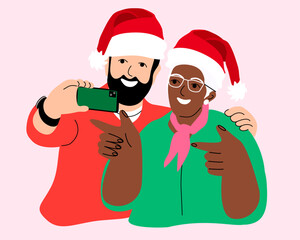 Woman and man taking selfie, cartoon style vector illustration. Christmas holiday together. Have fun embrace enjoy New Year party or celebration. Vector illustration.