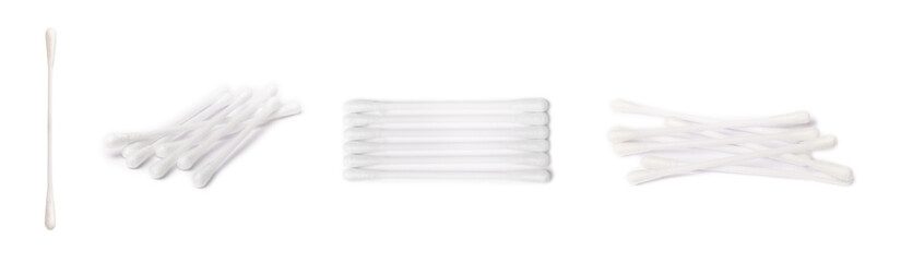 Cotton buds isolated on a white background. Environmentally friendly materials. Wooden, cotton...