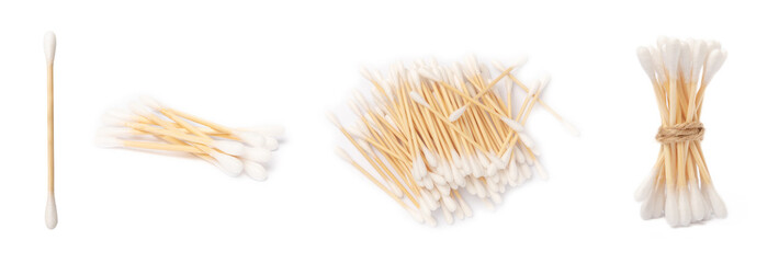 Cotton buds isolated on a white background. Environmentally friendly materials. Wooden, cotton...