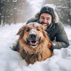 Joyful winter wonderland scene with a man and his big furry dog, best loyal friends having fun in nature and playing in the snow.