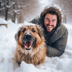 Joyful winter wonderland scene with a happy dog and his owner. Best loyal friends having fun in nature and playing in the snow.