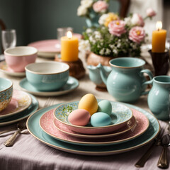 Easter table setting with eggs, springtime décor, festive dining, holiday celebration, decorative eggs, seasonal table arrangement, vibrant Easter display, traditional decorations