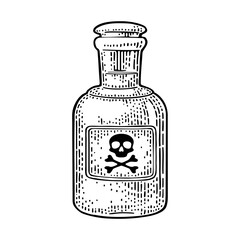 Vintage bottle with toxic. Skull and crossbones on craft label. Vector monochrome engraving illustration. Isolated on white background. Hand drawn design element for label, poster, web