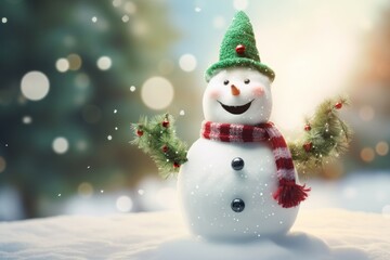 Obraz premium positive funny snowman in a green hat