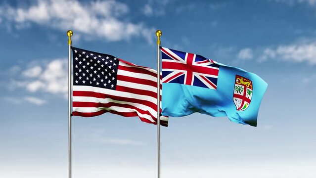 Fiji and America flag waving against Sky background