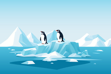 Penguins on an ice floe. Cheerful penguins swim on an ice floe against the backdrop of a landscape of large glaciers and icebergs. Vector illustration for postcard, poster, cover or design.