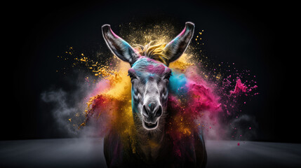 donkey in colorful powder paint explosion, dynamic
