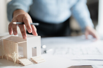 Interior architect working with blueprint planning in modern office, engineering concept. .