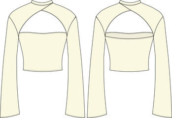 low-cut long sleeve round neck cropped blouse template technical drawing falt sketch cad mockup fashion woman