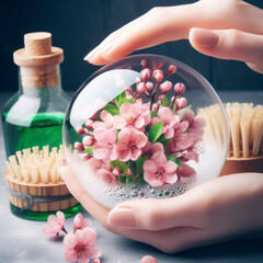 Obraz na płótnie Canvas Creative soap bubble concept close up with fresh pink flowers inside. ai generative