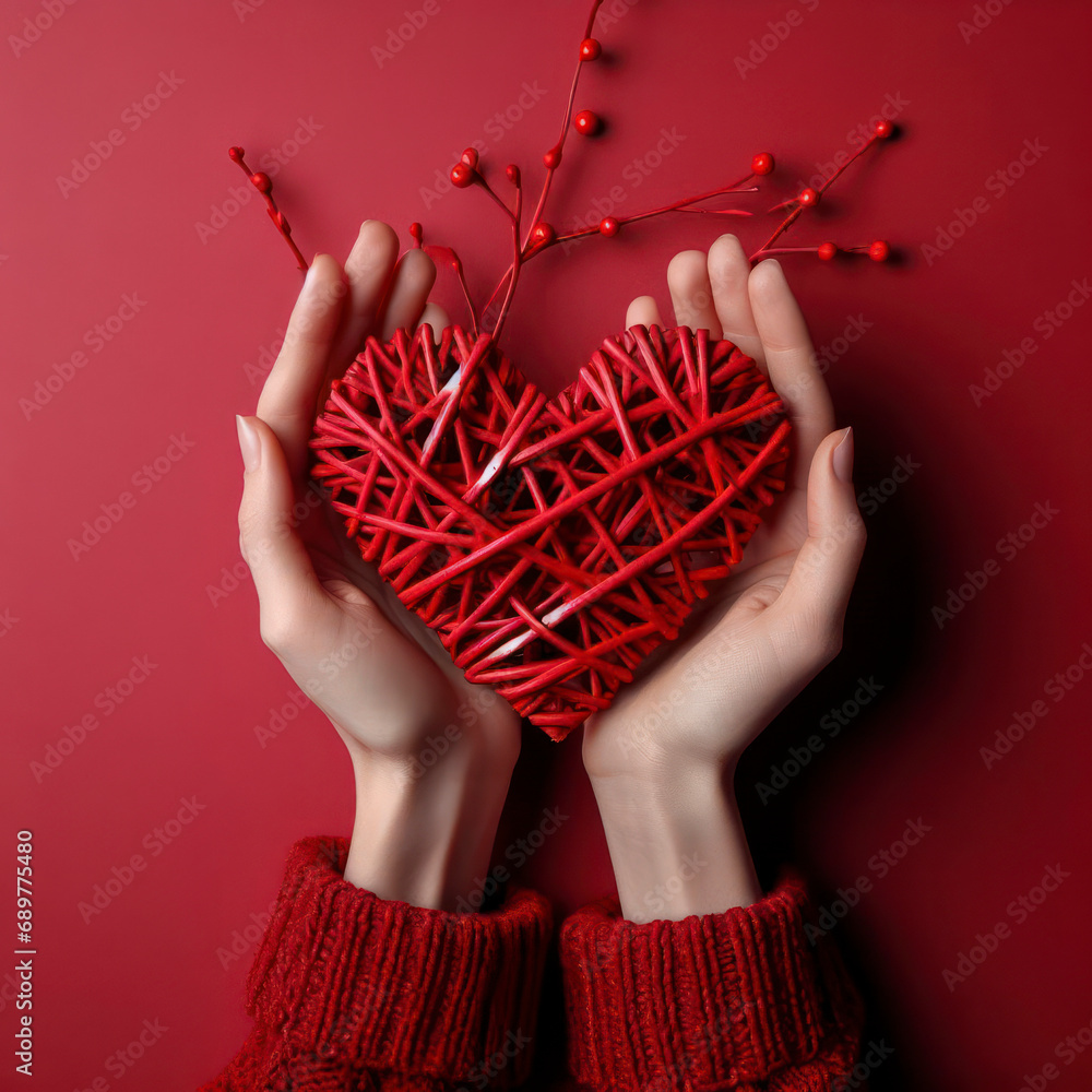 Poster hands holding red wicker heart on solid red background. ai generative