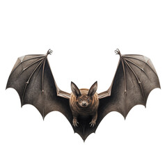 A flying black bat is cut out on a transparent background. Mockup of a bat with spread wings in PNG format for inserting into a design or project. - obrazy, fototapety, plakaty