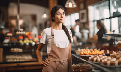 Fototapeta na wymiar Young entrepreneur woman in her pastry shop