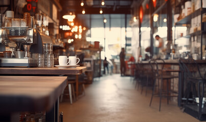 Fototapeta na wymiar Defocused Coffee shop background with focus on mugs