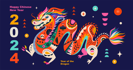 Happy New Year 2024 concept design. Chinese dragon vector illustration. Happy Chinese New Year 2024 vector design. Symbol of 2024. Year of the Dragon.	
