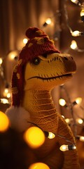 dino. Dragon toy. Warm light garland. Christmas mood. symbol of the year. Chinese Lunar New Year...