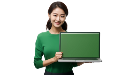 Young japanese woman holding a laptop and smiling with transparent background