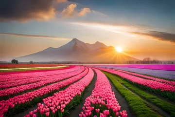 Fotobehang field of tulips in the morning © TANVEER