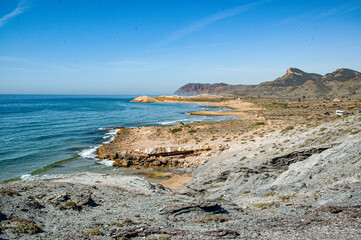 Beaches of the Calblanque Regional Park, Cartagena, LA MANGA DEL MAR MENOR Region of Murcia. a series of beaches and small coves, characterized by their fine golden sands and their almost virgin state