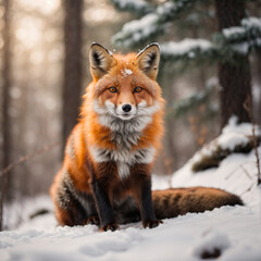 Fototapeta premium Red Fox in the Snow, Fox With Red Fur Amidst the Snowy Landscape