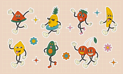 Основные RGBCartoon characters fruits in groovy style.Set of retro stickers.Vector stock illustration.