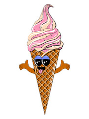 Cute ice cream character in retro cartoon style. Vector colorful illustration of ice cream mascot for cafe, restaurant, menu.