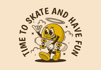 Time to skate and have fun. Walking ball head character holding a skate board