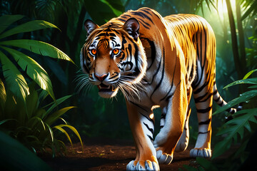 tiger in the jungle Royal Bengal Tiger Walking through the Jungle Breath Taking close up of a Tiger Portrait Terror of the Jungle tiger in the woods Tropical Rainforest wildlife tiger in the forest - obrazy, fototapety, plakaty