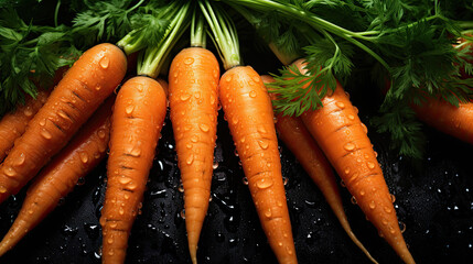 Bunch of wet carrots on a black background. Banner concept for grocery store. - obrazy, fototapety, plakaty