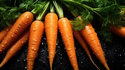 Foto op Aluminium Bunch of wet carrots on a black background. Banner concept for grocery store. © OleksandrZastrozhnov