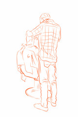 sketch of a barber cutting hair in his barber shop on a white background