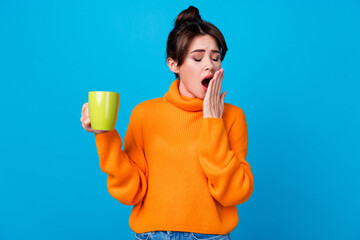 Photo of pretty tired lady wear knitted pullover drinking coffee yawning hand arm cover close mouth...