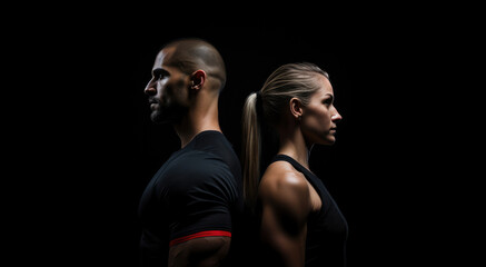 A muscular woman and a man in sportswear stand back to back on a black background. Gym or fitness...