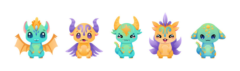 Cute Monster set with different eyes, wings, horns. Little dragons collection with hand drawn vector illustration. Alien characters in modern gradient colors. Green yellow and violet dragons