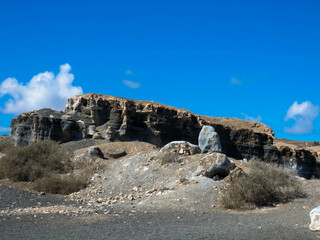 Panorama view of the most unique rock formations in Lanzarote. Called Stratified City or  Antigua...