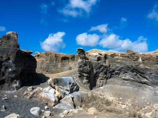 Fototapeta na wymiar Panorama view of the most unique rock formations in Lanzarote. Called Stratified City or Antigua rofera de Teseguite. Canary Islands, Spain, Europe.