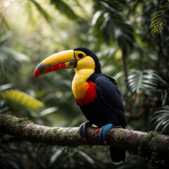 Obraz premium Toucan Perched on a Branch, Colorful Toucan on a Tree Branch