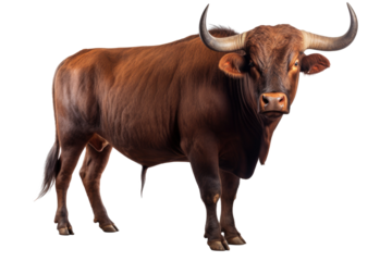 Strongest dark brown bull with muscles and long horns portrait looking at camera isolated on clear png background, Animals Fighter concept