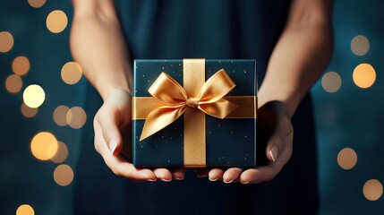 Cropped view of woman holding black gift box with red ribbon isolated on blue. AI generated image