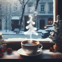 A cozy illustration of a cup of hot beverage on the windowsill, outside the window a winter cityscape