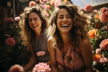 Obraz na płótnie Canvas Happy and smiling two women with flowers around in garden
