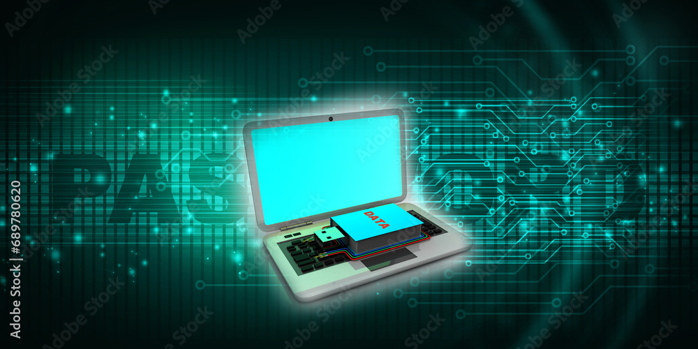Poster 3d rendering data text word usb flash drive connected laptop