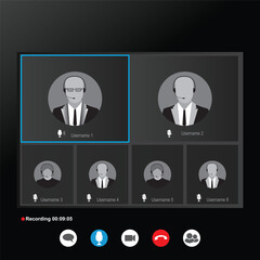 video call screen, Videocall interface icons. Online Video call interface template with user icon. Group video call template. Online meeting screen.  Videocall interface. conference call screen.