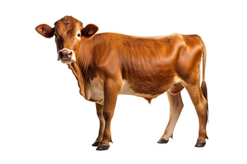 Cow or bullock farm portrait looking at camera isolated on clear png background, funny moment, Farmland animals concept.