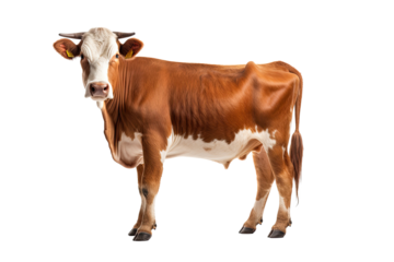 Cow or bullock farm portrait looking at camera isolated on clear png background, funny moment, Farmland animals concept.